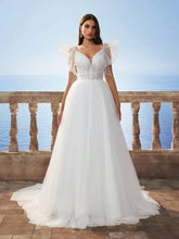 New Ruffled Sleeve Lace & Mesh Backless Wedding Dress